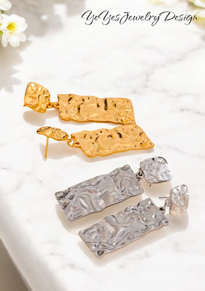 Stainless Steel Waterproof 18k PVD Gold Plated Hammer Rectangle Dangle Drop Earrings. - YeYesJewelryDesign