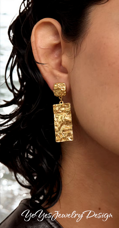 Stainless Steel Waterproof 18k PVD Gold Plated Hammer Rectangle Dangle Drop Earrings. - YeYesJewelryDesign
