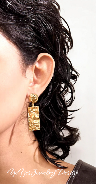Stainless Steel Waterproof 18k PVD Gold Plated Hammer Rectangle Dangle Drop Earrings. - YeYesJewelryDesign