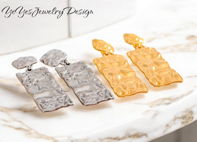 Stainless Steel Waterproof 18k PVD Gold Plated Hammer Rectangle Dangle Drop Earrings. - YeYesJewelryDesign