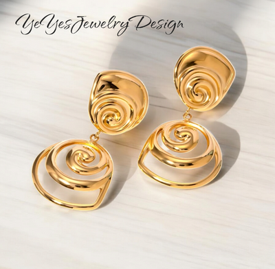 Waterproof Stainless Steel PVD 18K Gold Plated Round Rotate Threaded Pendant Stylish Earrings. - YeYesJewelryDesign