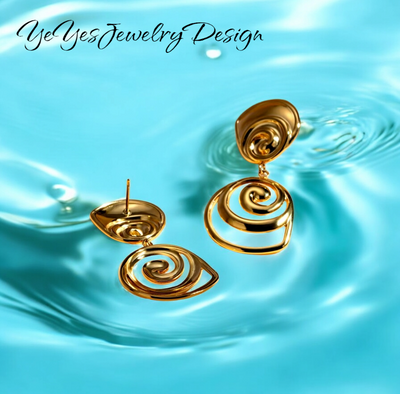 Waterproof Stainless Steel PVD 18K Gold Plated Round Rotate Threaded Pendant Stylish Earrings. - YeYesJewelryDesign