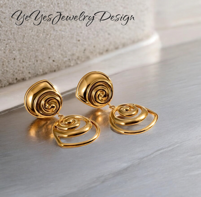 Waterproof Stainless Steel PVD 18K Gold Plated Round Rotate Threaded Pendant Stylish Earrings. - YeYesJewelryDesign
