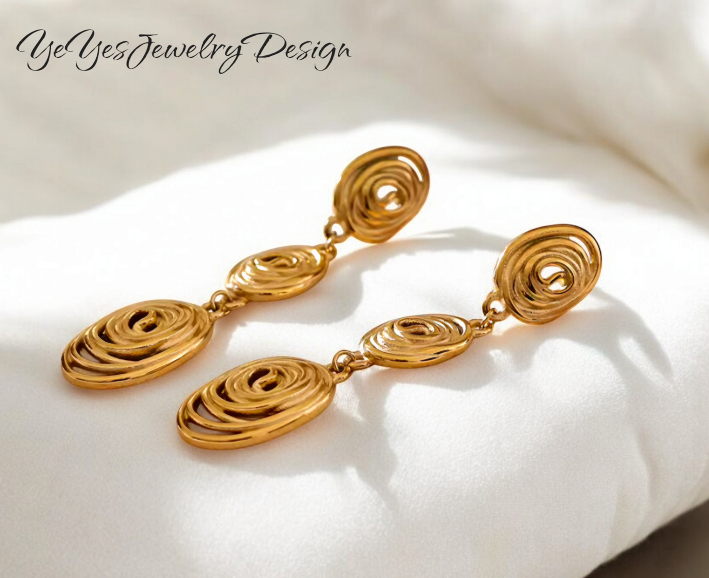 Stainless Steel Waterproof PVD 18K Gold Plated Oval Rotated Threaded Long Stud Earrings. - YeYesJewelry&Design