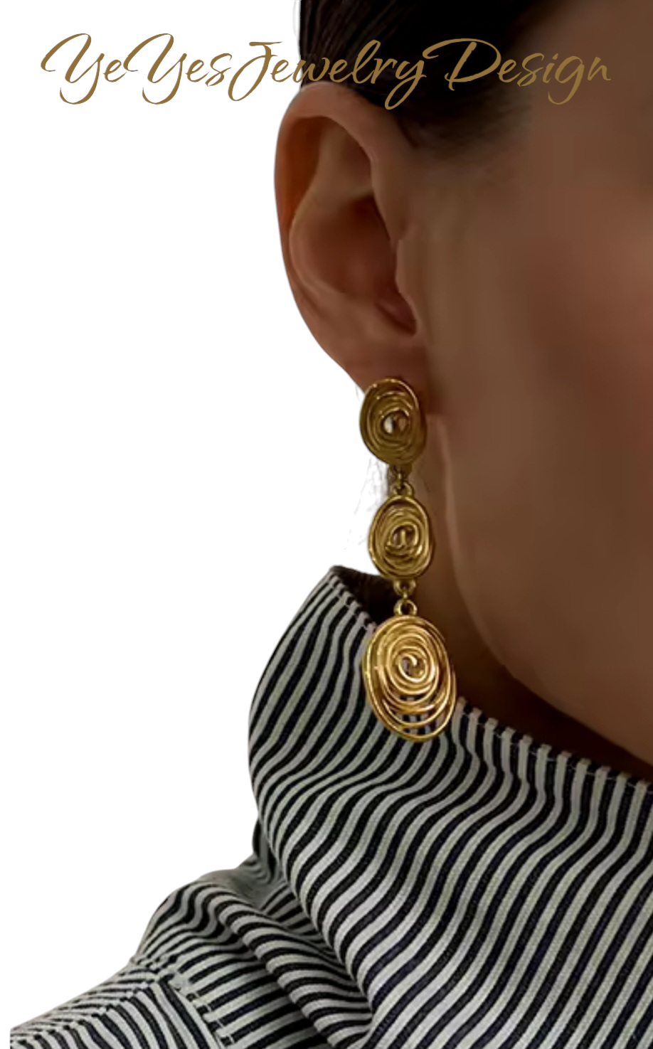 Stainless Steel Waterproof PVD 18K Gold Plated Oval Rotated Threaded Long Stud Earrings. - YeYesJewelry&Design