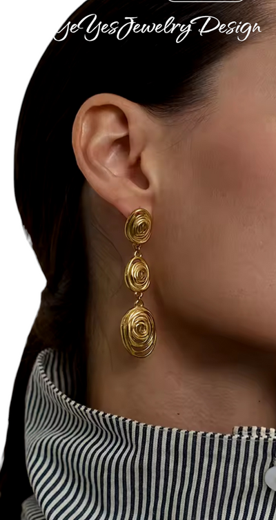 Stainless Steel Waterproof PVD 18K Gold Plated Oval Rotated Threaded Long Stud Earrings. - YeYesJewelry&Design