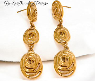 Stainless Steel Waterproof PVD 18K Gold Plated Oval Rotated Threaded Long Stud Earrings. - YeYesJewelry&Design