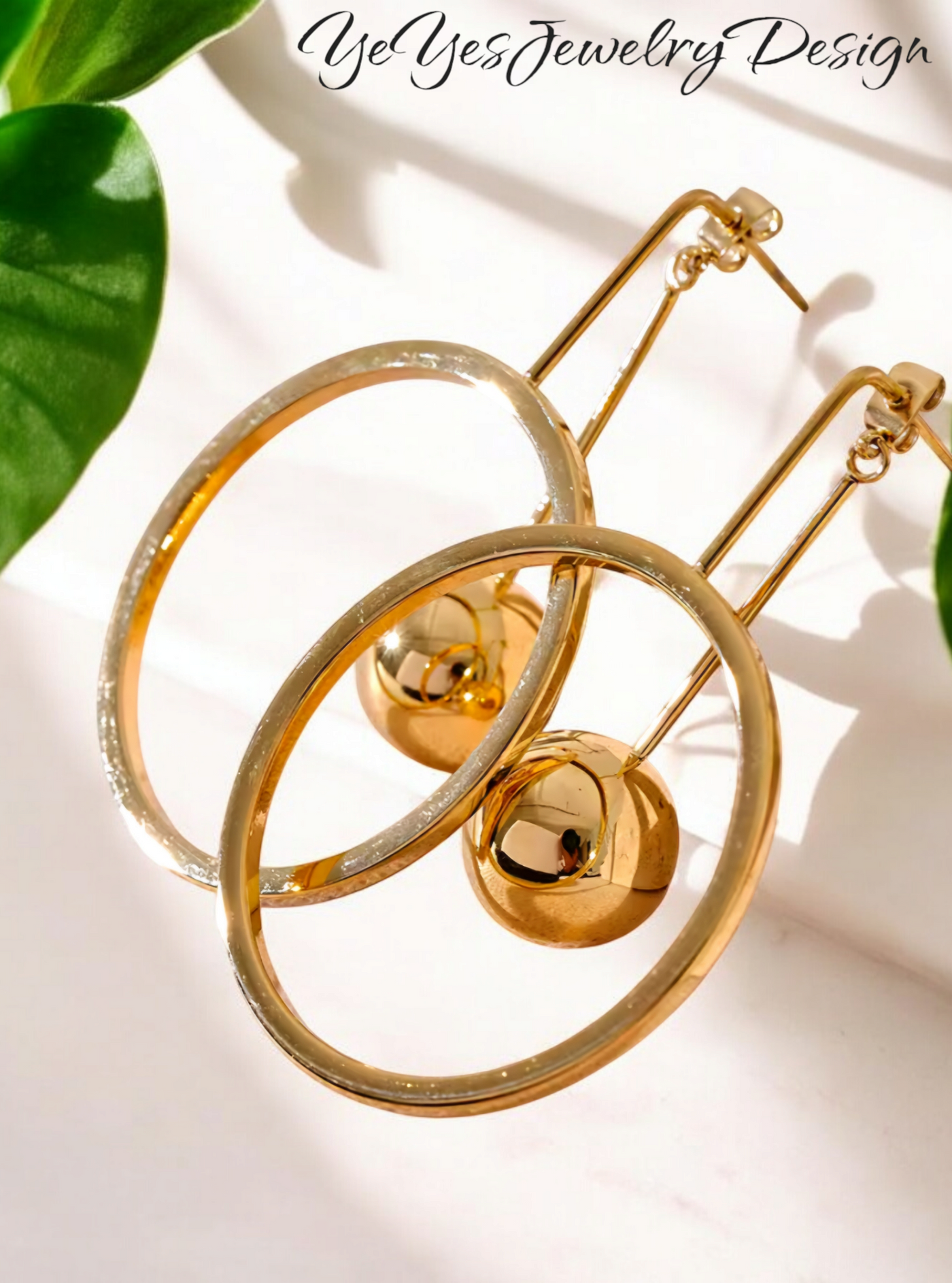 Stainless Steel PVD 18k Gold Plated Round Hollow Ball Bead Drop Earrings. - YeYesJewelryDesign