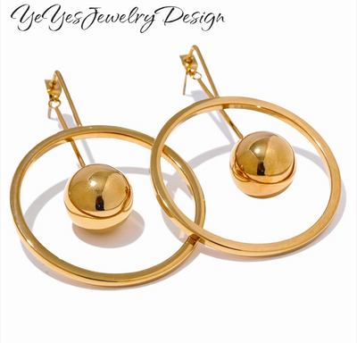 Stainless Steel PVD 18k Gold Plated Round Hollow Ball Bead Drop Earrings. - YeYesJewelryDesign