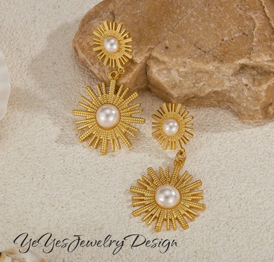 Stainless Steel, Waterproof 18k Gold Plated Sunflower Natural Perl Long Drop Earrings. - YeYesJewelryDesign