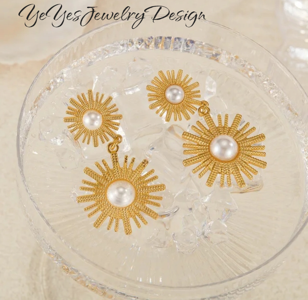 Stainless Steel, Waterproof 18k Gold Plated Sunflower Natural Perl Long Drop Earrings. - YeYesJewelryDesign