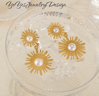Stainless Steel, Waterproof 18k Gold Plated Sunflower Natural Perl Long Drop Earrings. - YeYesJewelryDesign