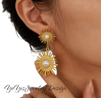 Stainless Steel, Waterproof 18k Gold Plated Sunflower Natural Perl Long Drop Earrings. - YeYesJewelryDesign