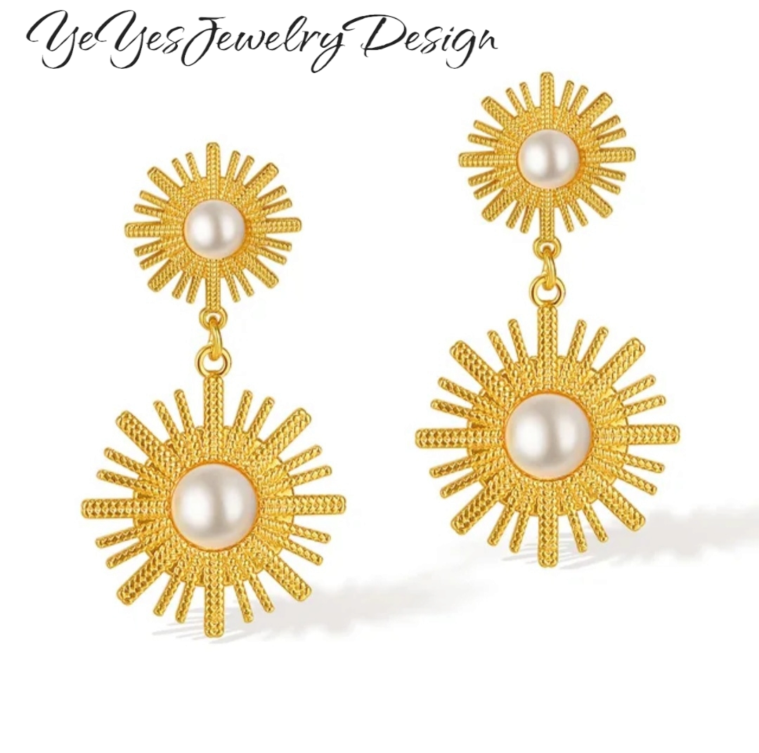 Stainless Steel, Waterproof 18k Gold Plated Sunflower Natural Perl Long Drop Earrings. - YeYesJewelryDesign