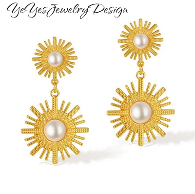 Stainless Steel, Waterproof 18k Gold Plated Sunflower Natural Perl Long Drop Earrings. - YeYesJewelryDesign