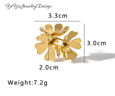 Stainless Steel, Waterproof 18k PVD Gold Plated Three-Dimensional Hollow Flower Earrings and Ring Set. - YeYesJewelryDesign