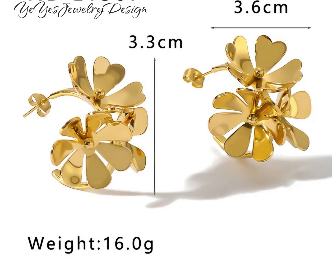Stainless Steel, Waterproof 18k PVD Gold Plated Three-Dimensional Hollow Flower Earrings and Ring Set. - YeYesJewelryDesign