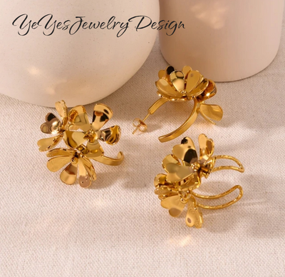 Stainless Steel, Waterproof 18k PVD Gold Plated Three-Dimensional Hollow Flower Earrings and Ring Set. - YeYesJewelryDesign