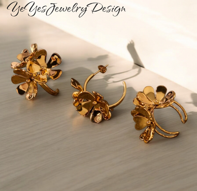 Stainless Steel, Waterproof 18k PVD Gold Plated Three-Dimensional Hollow Flower Earrings and Ring Set. - YeYesJewelryDesign