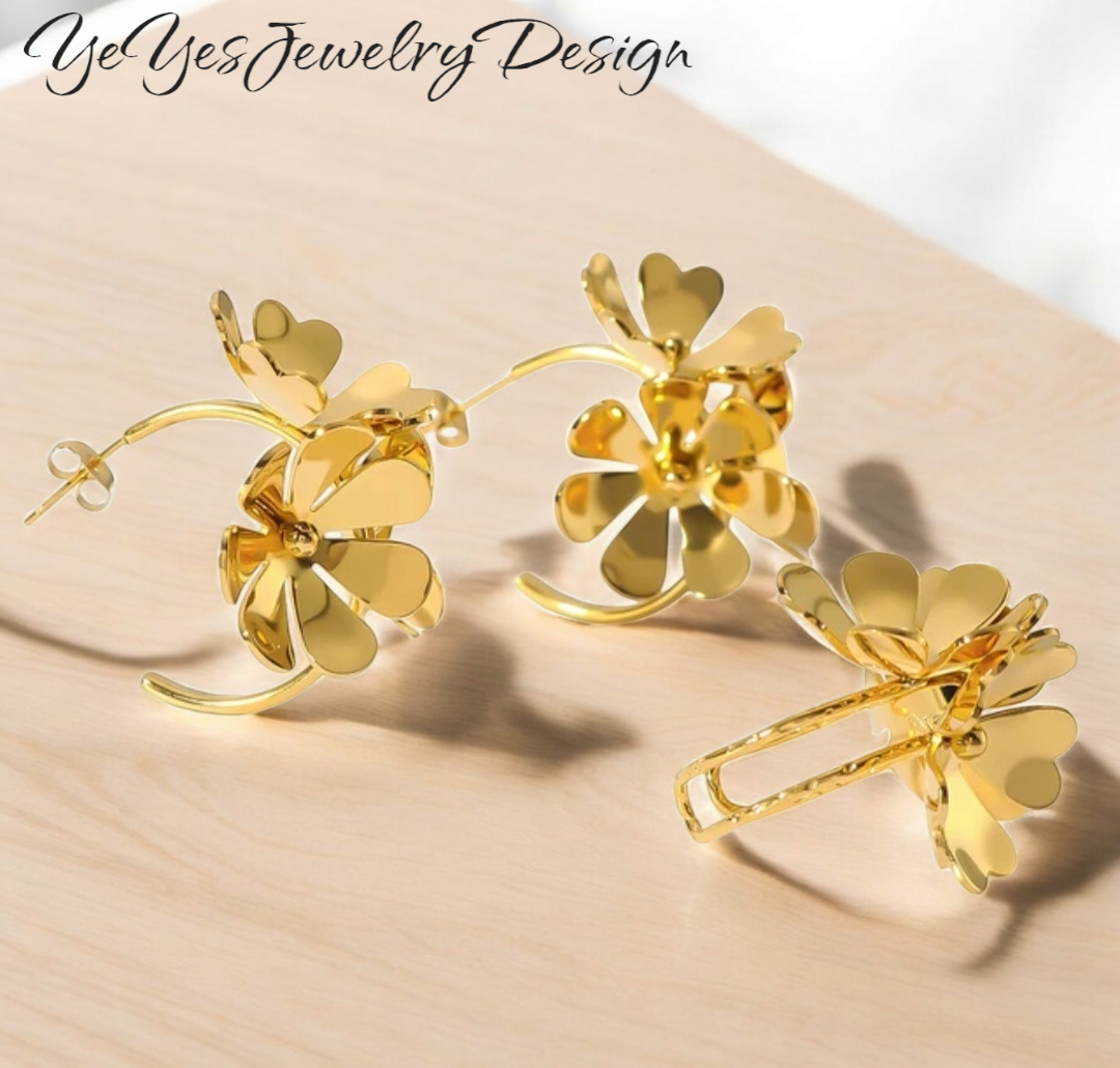 Stainless Steel, Waterproof 18k PVD Gold Plated Three-Dimensional Hollow Flower Earrings and Ring Set. - YeYesJewelryDesign