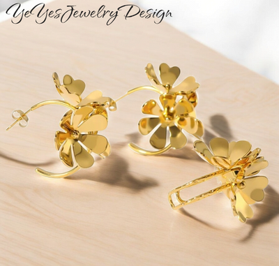 Stainless Steel, Waterproof 18k PVD Gold Plated Three-Dimensional Hollow Flower Earrings and Ring Set. - YeYesJewelryDesign