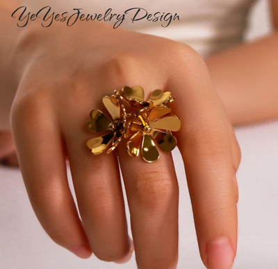 Stainless Steel, Waterproof 18k PVD Gold Plated Three-Dimensional Hollow Flower Earrings and Ring Set. - YeYesJewelryDesign