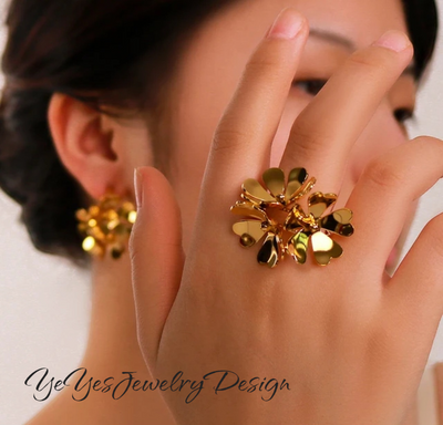 Stainless Steel, Waterproof 18k PVD Gold Plated Three-Dimensional Hollow Flower Earrings and Ring Set. - YeYesJewelryDesign