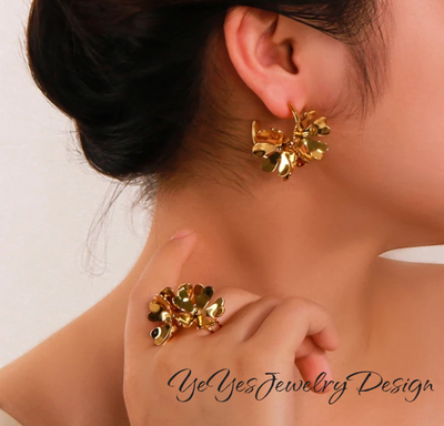 Stainless Steel, Waterproof 18k PVD Gold Plated Three-Dimensional Hollow Flower Earrings and Ring Set. - YeYesJewelryDesign