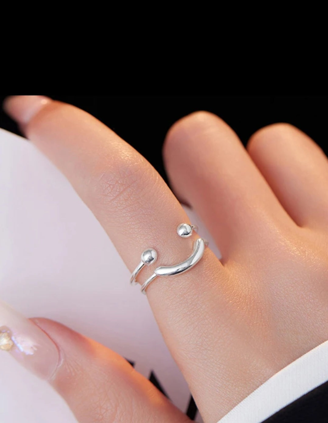 Smiley 925 Sterling Silver open ring, adjustable ring. - YeYesJewelryDesign