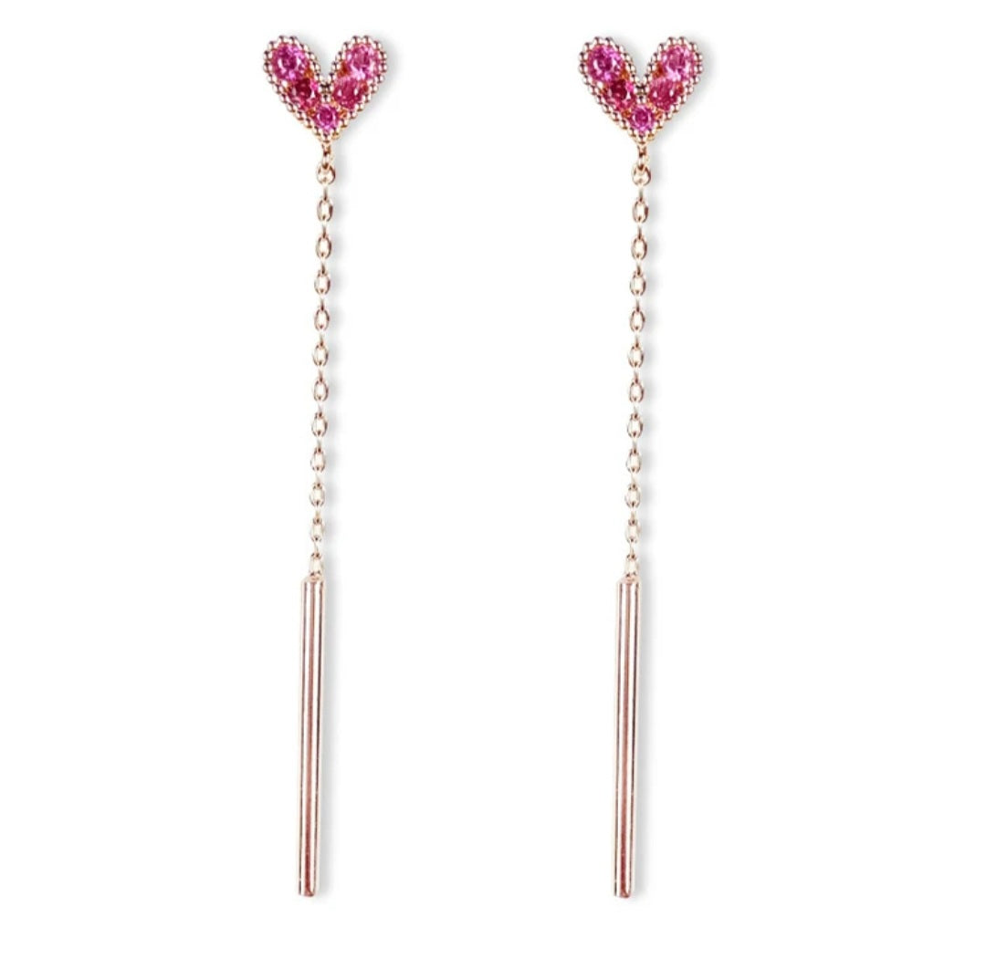 Exquisite 925 Sterling Silver Dazzling Zircon Pink Heart Long Tassel with Bar Pendant Rose Gold Earring. - YeYesJewelryDesign