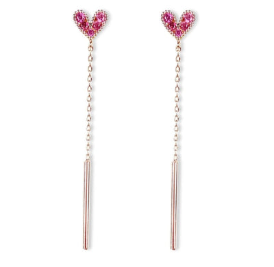 Exquisite 925 Sterling Silver Dazzling Zircon Pink Heart Long Tassel with Bar Pendant Rose Gold Earring. - YeYesJewelryDesign