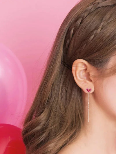 Exquisite 925 Sterling Silver Dazzling Zircon Pink Heart Long Tassel with Bar Pendant Rose Gold Earring. - YeYesJewelryDesign