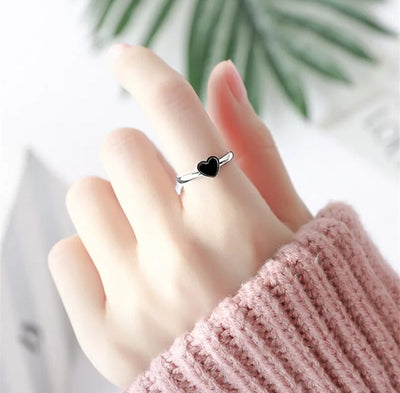 925 Sterling Silver Black and Silver color Adjustable Heart Ring. - YeYesJewelryDesign