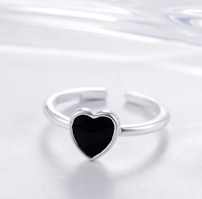 925 Sterling Silver Black and Silver color Adjustable Heart Ring. - YeYesJewelryDesign