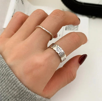 925 Sterling Silver Unique Heart Flower Adjustable Ring. - YeYesJewelryDesign