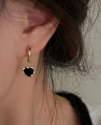925 Sterling Silver Tiny Black Heart 18 Gold Plated Minimalist Hoop Earrings. - YeYesJewelryDesign