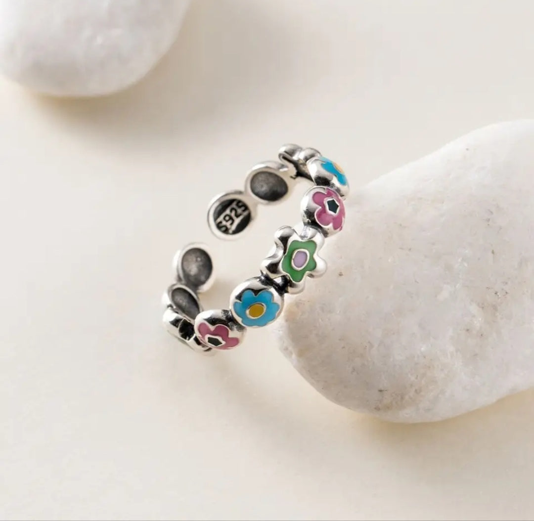 Colorful 925 Sterling Silver Flower adjustable Ring. - YeYesJewelryDesign