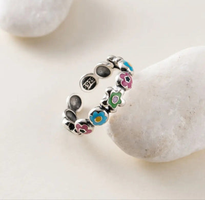 Colorful 925 Sterling Silver Flower adjustable Ring. - YeYesJewelryDesign
