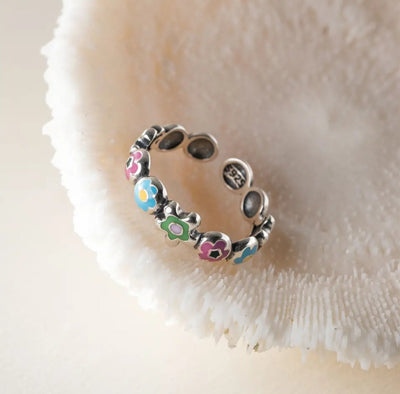 Colorful 925 Sterling Silver Flower adjustable Ring. - YeYesJewelryDesign