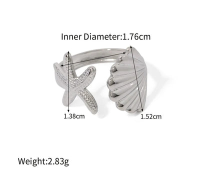 Stainless Steel Waterproof 18K Gold Plated Open Starfish and Seashell Ring. - YeYesJewelryDesign