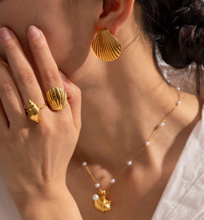 Stainless Steel Waterproof 18K Gold Plated Spiral Shell Adjustable Ring. - YeYesJewelryDesign