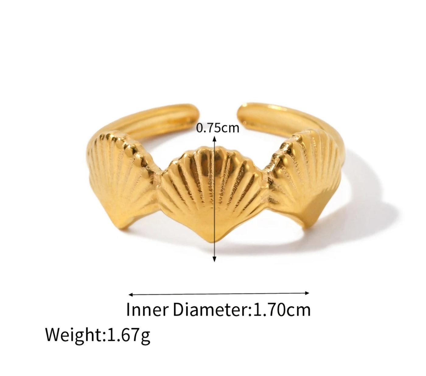 Gold Plated waterproof Seashell Hypoallergenic 18k Gold Plated open ring. - YeYesJewelryDesign
