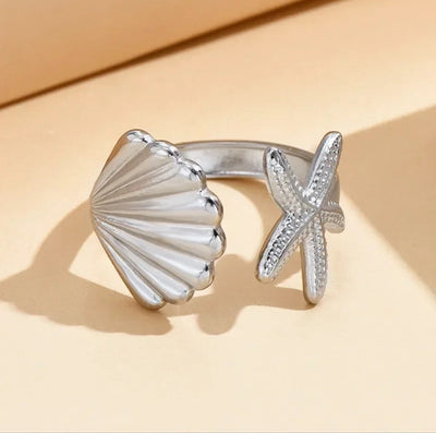 Stainless Steel Waterproof 18K Gold Plated Open Starfish and Seashell Ring. - YeYesJewelryDesign