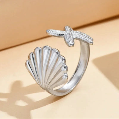 Stainless Steel Waterproof 18K Gold Plated Open Starfish and Seashell Ring. - YeYesJewelryDesign