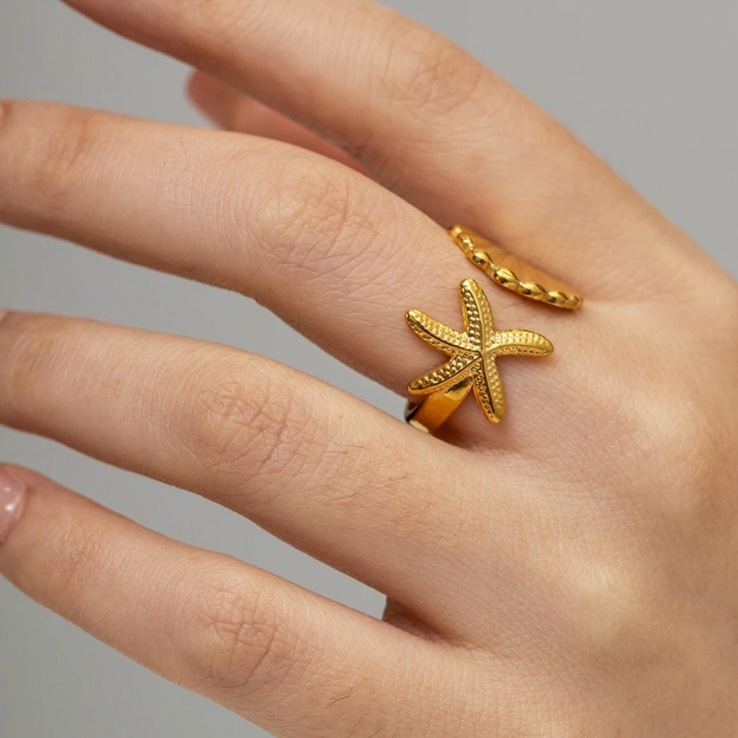 Stainless Steel Waterproof 18K Gold Plated Open Starfish and Seashell Ring. - YeYesJewelryDesign