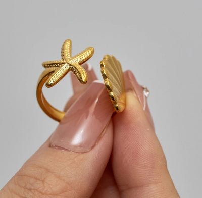 Stainless Steel Waterproof 18K Gold Plated Open Starfish and Seashell Ring. - YeYesJewelryDesign