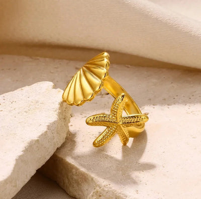 Stainless Steel Waterproof 18K Gold Plated Open Starfish and Seashell Ring. - YeYesJewelryDesign