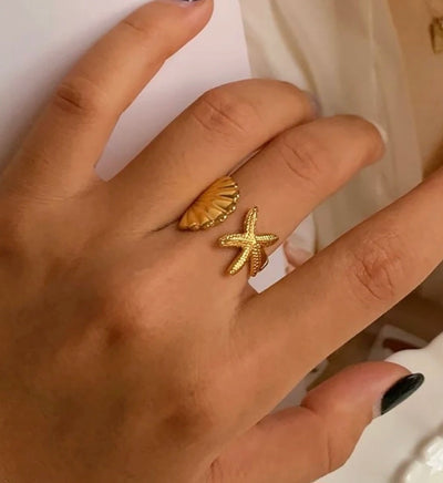 Stainless Steel Waterproof 18K Gold Plated Open Starfish and Seashell Ring. - YeYesJewelryDesign