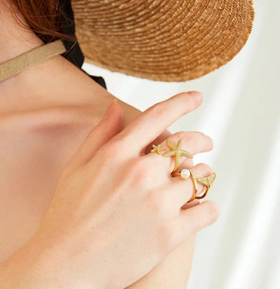 Stainless Steel waterproof Starfish Open-Adjustable Beachy Ring. - YeYesJewelryDesign
