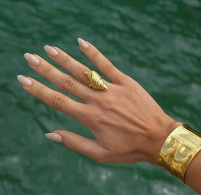 Stainless Steel Waterproof 18K Gold Plated Spiral Shell Adjustable Ring. - YeYesJewelryDesign